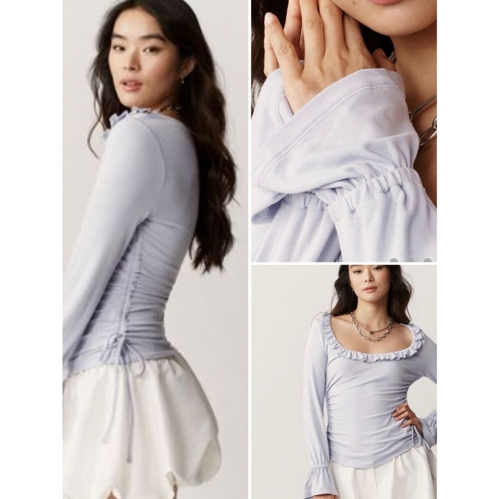 Anthropologie Maeve Long-Sleeve Ruffle Scoop-Neck Ruched Top Lavender M NWT